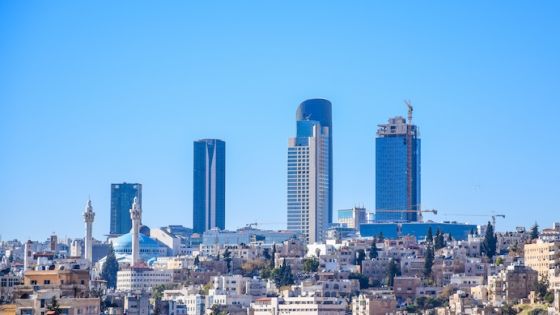 Skyscrapers appear in the distance in this aerial shot of Jordan.