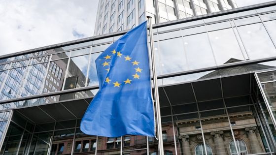 Flag of Europe in front of the Eurotower in Frankfurt am Main