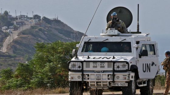 United Nations peacekeeping force in Lebanon (UNIFIL) vehicles patrol the Lebanese southern coastal area of Naqura by the border with Israel, on November 11, 2020. - Lebanon and Israel, still technically at war, held today a third round of maritime border talks under UN and US auspices to allow for offshore energy exploration. The delegations met at a base of the UN peacekeeping force UNIFIL in the Lebanese border town of Naqura. (Photo by Mahmoud ZAYYAT / AFP)