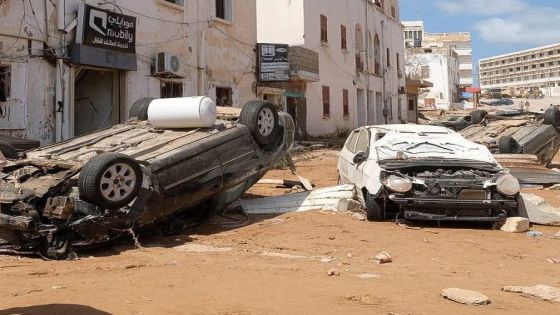 A man walks in front of the damaged cars, after a powerful storm and heavy rainfall hit Libya, in Derna, Libya September 12, 2023. REUTERS/Esam Omran Al-Fetori BEST QUALITY AVAILABLE