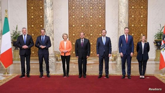 Egyptian President Abdel Fattah al-Sisi takes a photo with European Commission President Ursula von der Leyen, Italian Prime Minister Giorgia Meloni, Greek Prime Minister Kyriakos Mitsotakis, Austria Federal Chancellor Karl Nehammer, Prime Minister of Belgium Alexander De Croo and Cyprus' President Nikos Christodoulides at the Ittihadiya presidential palace in Cairo, Egypt, March 17, 2024, in this handout picture courtesy of the Egyptian Presidency. The Egyptian Presidency/Handout via REUTERS ATTENTION EDITORS - THIS IMAGE WAS PROVIDED BY A THIRD PARTY.