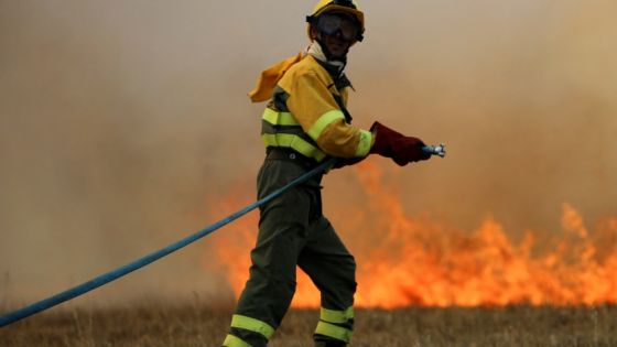 FILE PHOTO: A firefighter from the Brigadas de Refuerzo en Incendios Forestales (BRIF) tackle a fire in a wheat field between Tabara and Losacio, during the second heatwave of the year, in the province of Zamora, Spain, July 18, 2022. REUTERS/Isabel Infantes/File Photo