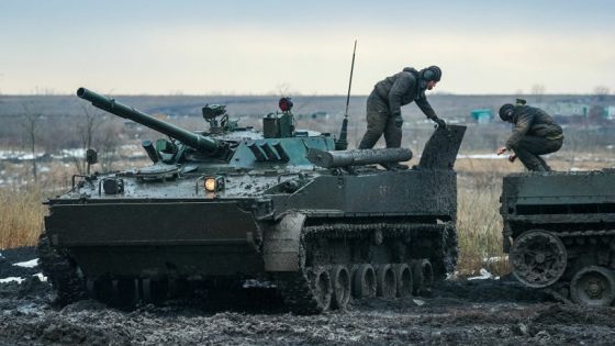 ROSTOV REGION, RUSSIA - FEBRUARY 3, 2022: Servicemen of a motor rifle unit of the Russian Southern Military District are seen on T-72B3 tanks of the tank force of the Russian Western Military District as they take part in a cross country driving exercise at Kadamovsky Range. Erik Romanenko/TASS (Photo by Erik RomanenkoTASS via Getty Images)